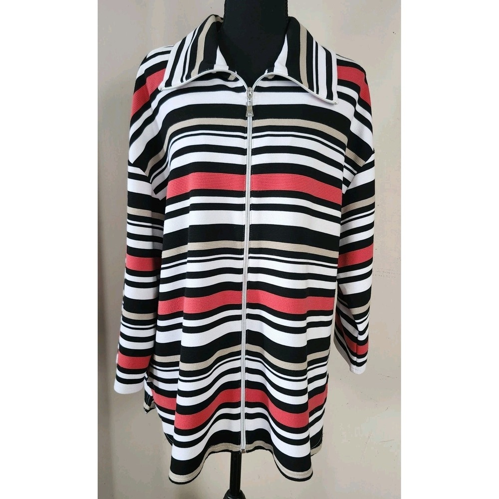 Ruby Rd Womens 1X Ribbed 3/4 Sleeve Striped Zip Front Shirt Top Athleisure Wear